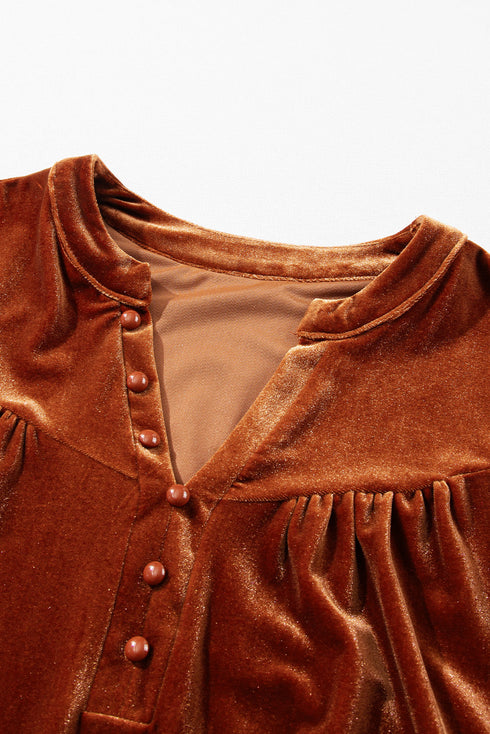 Elegant Lantern Sleeve Beaded Split Neck Velvet Blouse