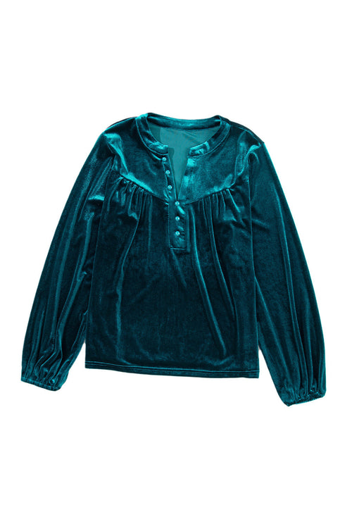 Elegant Lantern Sleeve Beaded Split Neck Velvet Blouse