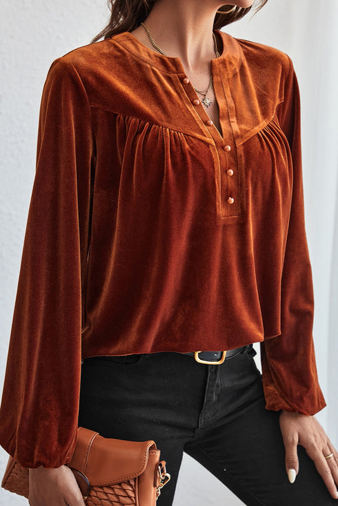 Elegant Lantern Sleeve Beaded Split Neck Velvet Blouse