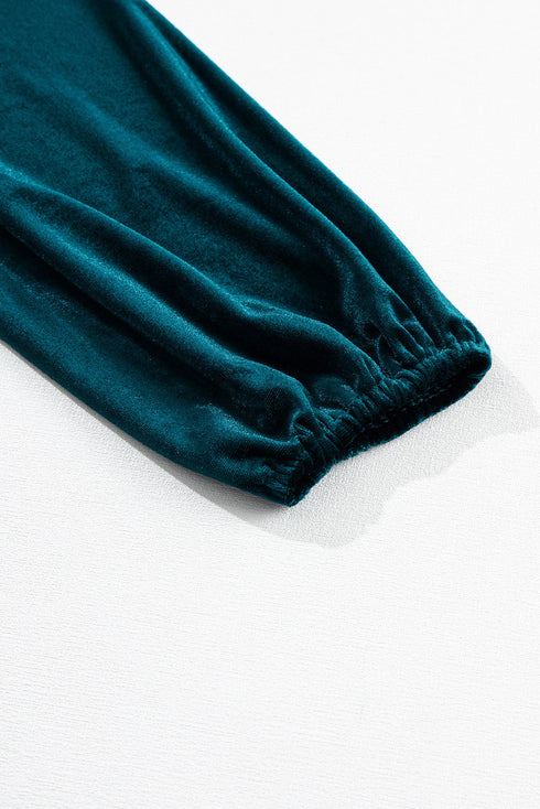 Elegant Lantern Sleeve Beaded Split Neck Velvet Blouse