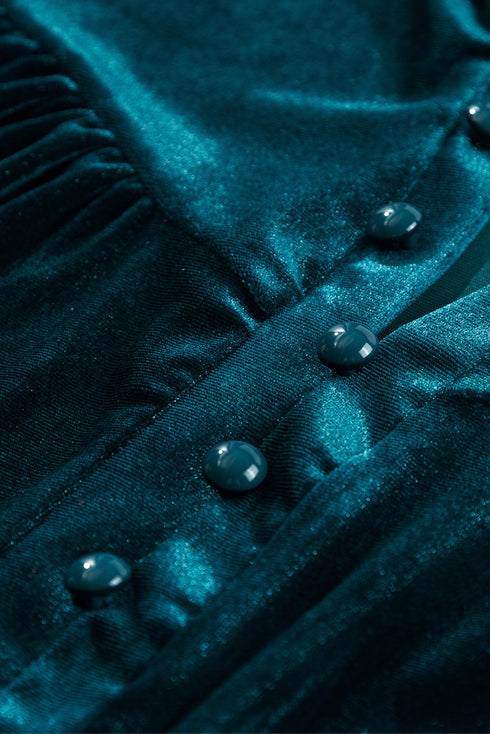 Elegant Lantern Sleeve Beaded Split Neck Velvet Blouse