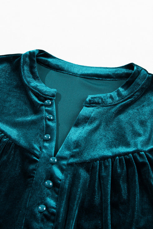 Elegant Lantern Sleeve Beaded Split Neck Velvet Blouse