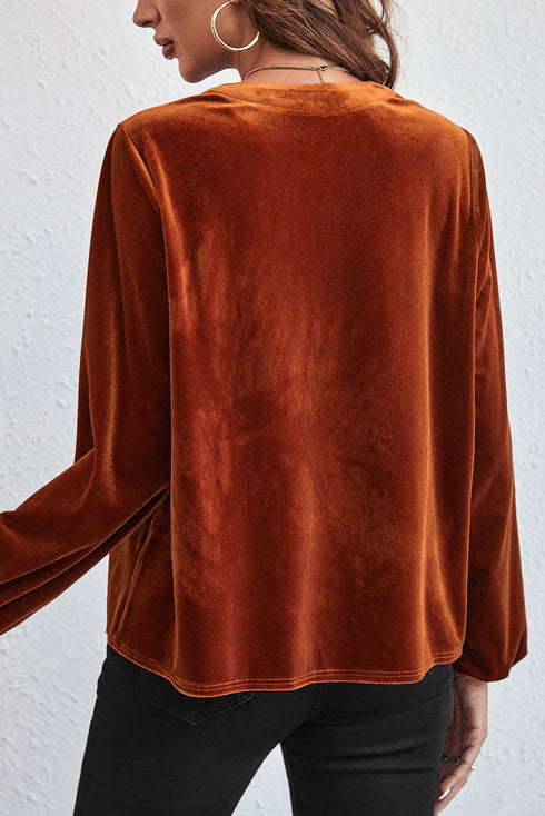 Elegant Lantern Sleeve Beaded Split Neck Velvet Blouse