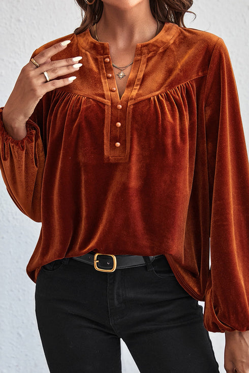 Elegant Lantern Sleeve Beaded Split Neck Velvet Blouse
