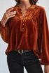 Elegant Lantern Sleeve Beaded Split Neck Velvet Blouse