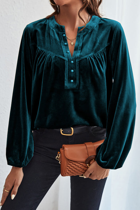 Elegant Lantern Sleeve Beaded Split Neck Velvet Blouse