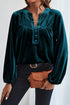 Elegant Lantern Sleeve Beaded Split Neck Velvet Blouse