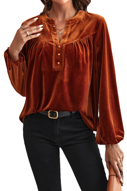 Elegant Lantern Sleeve Beaded Split Neck Velvet Blouse