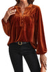 Elegant Lantern Sleeve Beaded Split Neck Velvet Blouse