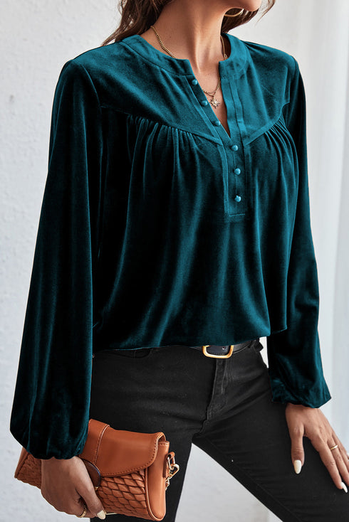 Elegant Lantern Sleeve Beaded Split Neck Velvet Blouse
