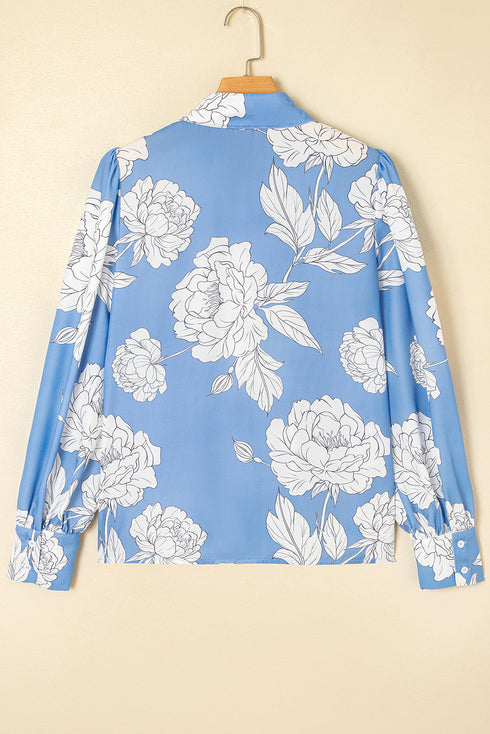 Elegant Large Floral Print Puff Sleeve Pleated Yoke Blouse