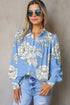 Elegant Large Floral Print Puff Sleeve Pleated Yoke Blouse