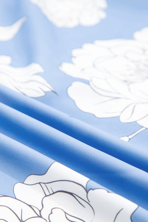 Elegant Large Floral Print Puff Sleeve Pleated Yoke Blouse