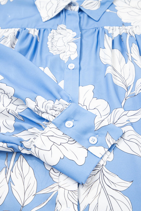 Elegant Large Floral Print Puff Sleeve Pleated Yoke Blouse