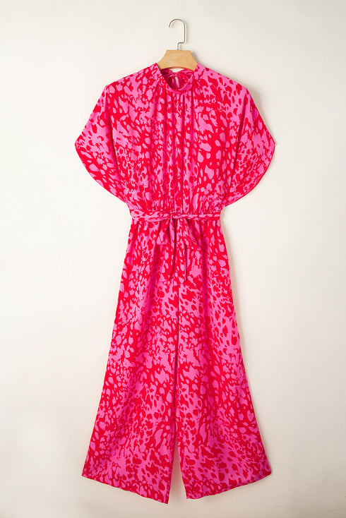 Elegant Leopard Print Loose Sleeve Belted Wide Leg Jumpsuit