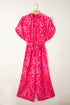 Elegant Leopard Print Loose Sleeve Belted Wide Leg Jumpsuit