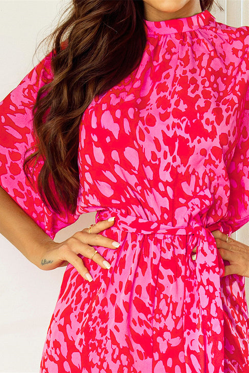 Elegant Leopard Print Loose Sleeve Belted Wide Leg Jumpsuit