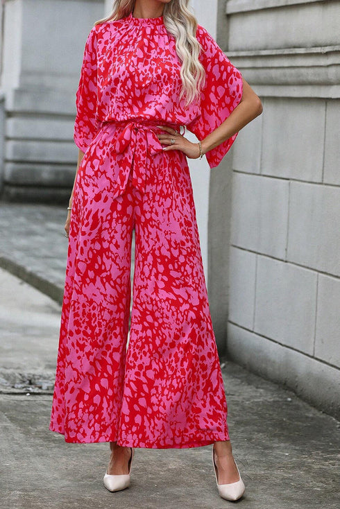 Elegant Leopard Print Loose Sleeve Belted Wide Leg Jumpsuit