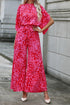 Elegant Leopard Print Loose Sleeve Belted Wide Leg Jumpsuit