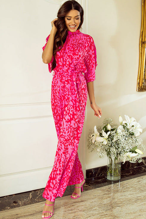 Elegant Leopard Print Loose Sleeve Belted Wide Leg Jumpsuit