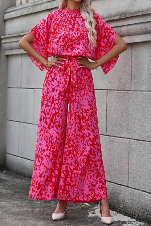 Elegant Leopard Print Loose Sleeve Belted Wide Leg Jumpsuit