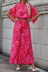 Elegant Leopard Print Loose Sleeve Belted Wide Leg Jumpsuit