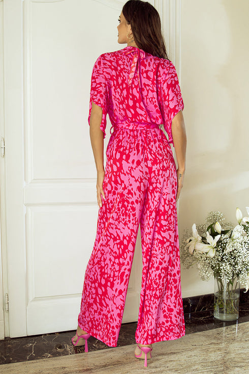 Elegant Leopard Print Loose Sleeve Belted Wide Leg Jumpsuit