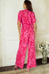 Elegant Leopard Print Loose Sleeve Belted Wide Leg Jumpsuit
