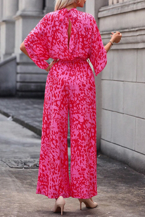 Elegant Leopard Print Loose Sleeve Belted Wide Leg Jumpsuit