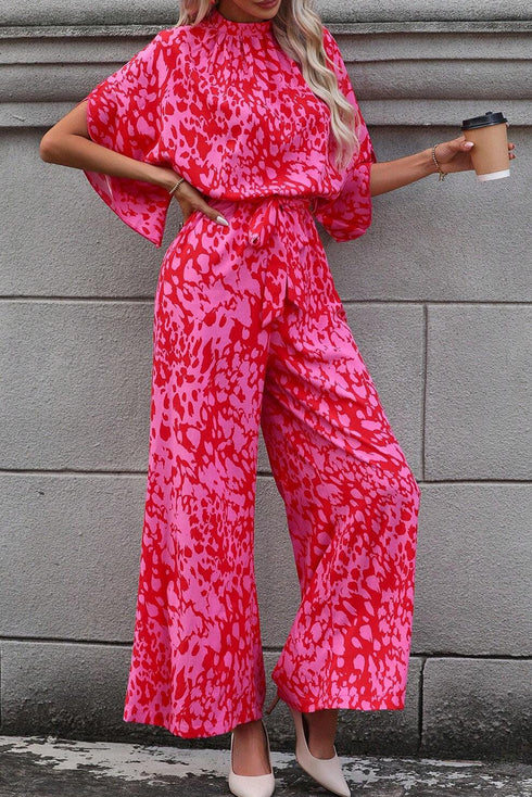 Elegant Leopard Print Loose Sleeve Belted Wide Leg Jumpsuit