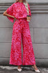 Elegant Leopard Print Loose Sleeve Belted Wide Leg Jumpsuit