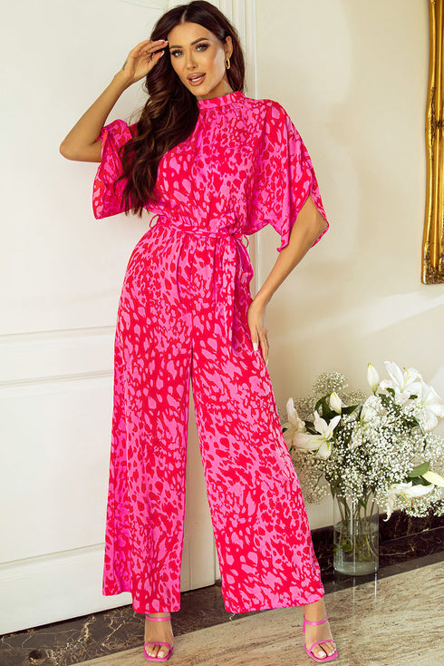 Elegant Leopard Print Loose Sleeve Belted Wide Leg Jumpsuit