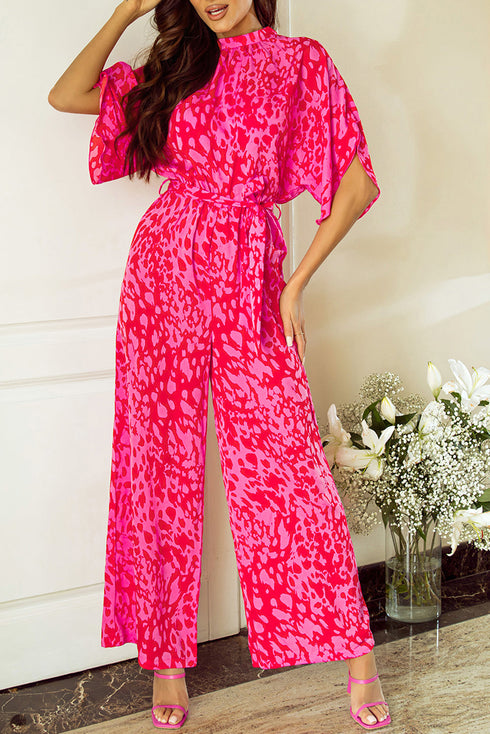 Elegant Leopard Print Loose Sleeve Belted Wide Leg Jumpsuit