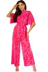 Elegant Leopard Print Loose Sleeve Belted Wide Leg Jumpsuit