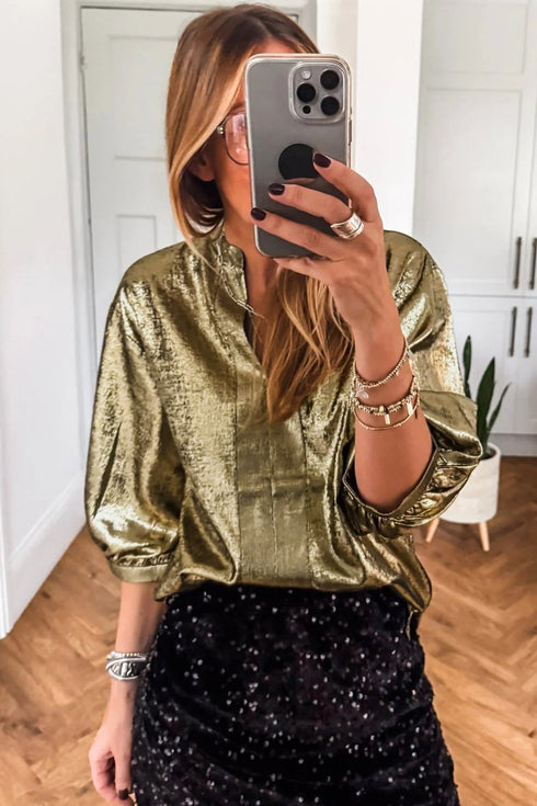 Elegant Metallic Solid Split Neck Half Sleeve Blouse