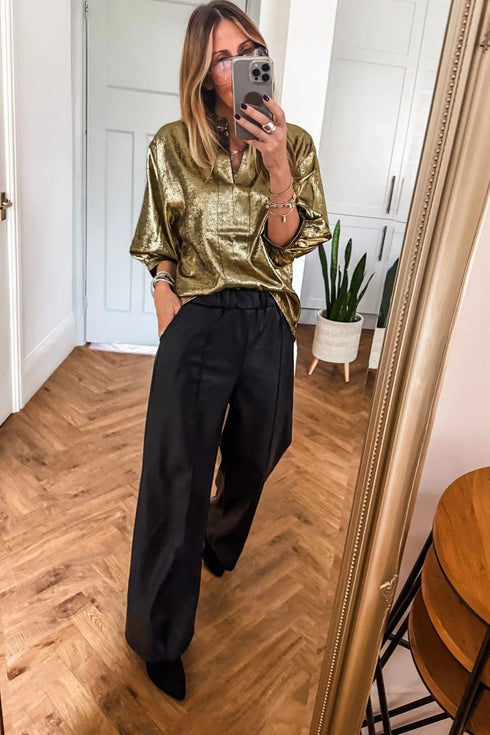 Elegant Metallic Solid Split Neck Half Sleeve Blouse