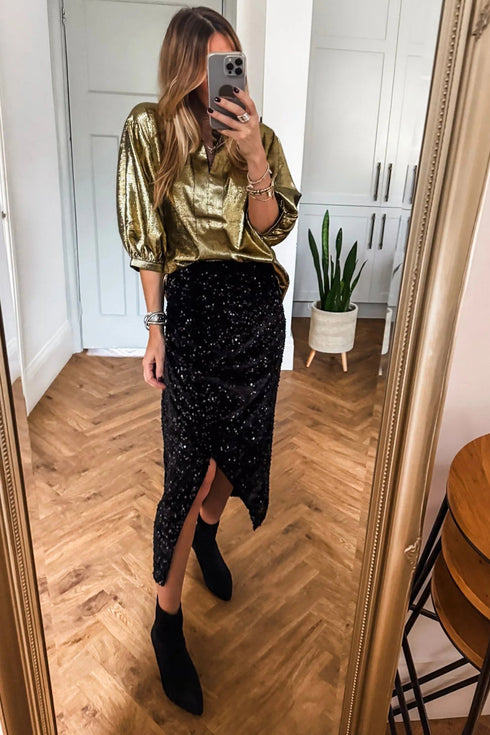 Elegant Metallic Solid Split Neck Half Sleeve Blouse