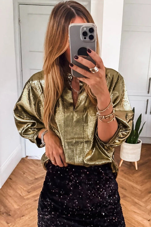 Elegant Metallic Solid Split Neck Half Sleeve Blouse