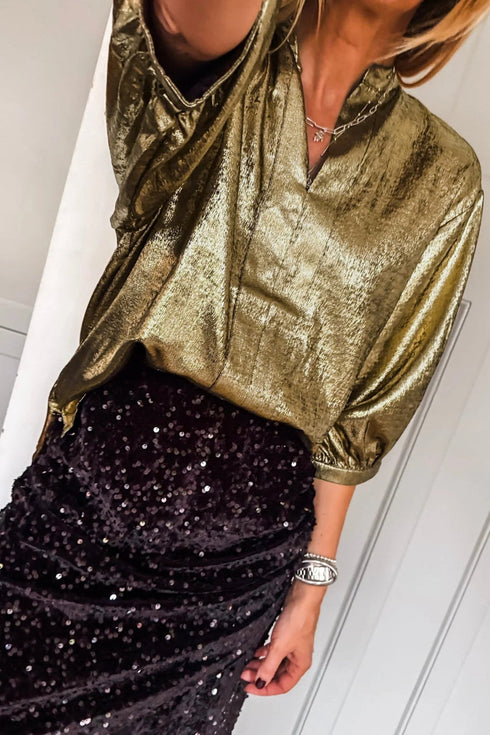 Elegant Metallic Solid Split Neck Half Sleeve Blouse