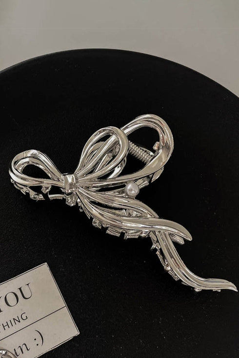 Elegant Pearl Embellished Alloy Bow Knot Hair Claw Clip