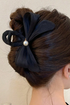 Elegant Pearl Embellished Fabric Bow Claw Clip