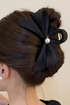 Elegant Pearl Embellished Fabric Bow Claw Clip