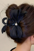 Elegant Pearl Embellished Fabric Bow Claw Clip