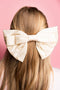 Elegant Pearl Embellished Tiered Satin Bow Hair Clip