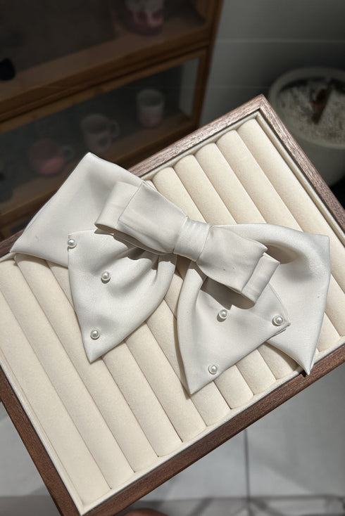Elegant Pearl Embellished Tiered Satin Bow Hair Clip
