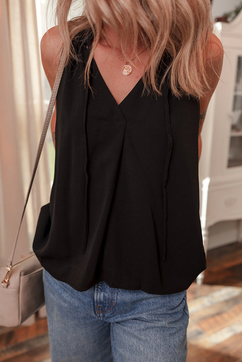 Elegant Pinched Detail V Neck Adjustable Shoulder Tie Relaxed Fit Tank