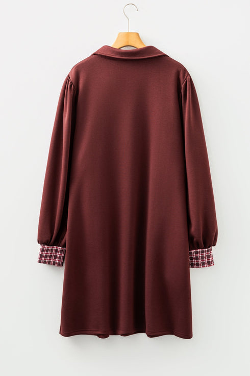 Elegant Plaid Trim Patchwork Collared Shift Mini Dress