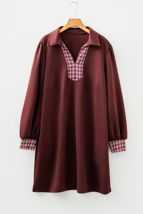 Elegant Plaid Trim Patchwork Collared Shift Mini Dress