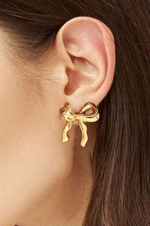 Elegant Plated Bow Motif Studded Statement Earrings