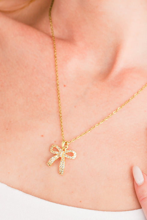 Elegant Plated Titanium Steel Rhinestone Bowknot Pendant Necklace